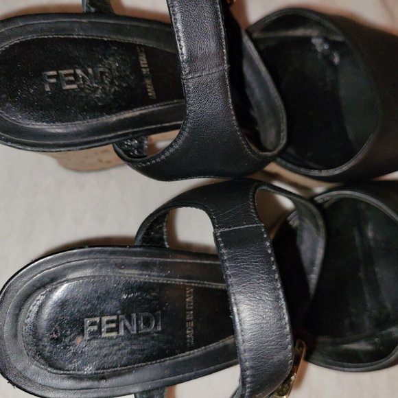 Authentic Fendi Black Leather Ankle Strap Cork Wedge Platform Heels Size 38/US 8 - Picture 5 of 16